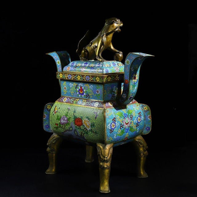 Chinese Chinese Cloisonné Incense Burner | Gilt Bronze Celestial Dog Finial & Floral Motif For Sale - Image 3 of 10