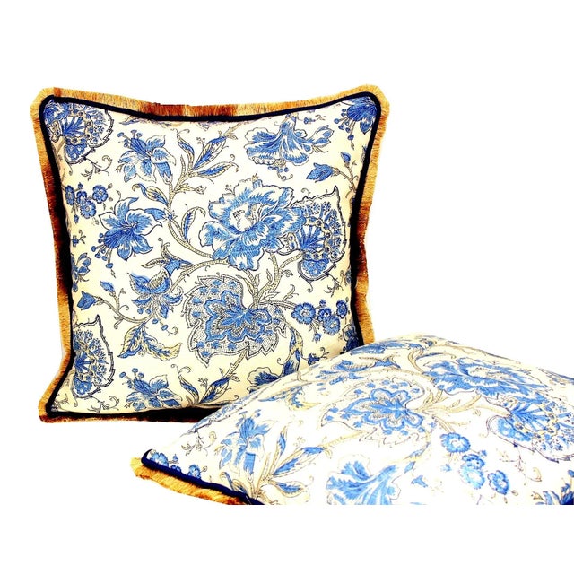 18th Century French Blue Floral Linen Fringe Pillow With Piping For Sale - Image 6 of 12