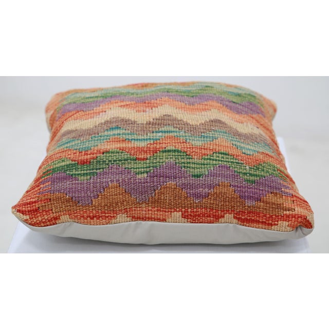 Tribal Arteverk Handwoven Afghan Kilim Pillow — Green & Orange Chevron For Sale - Image 3 of 3