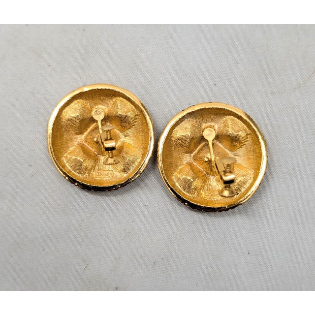 Metal Vintage Signed Napier Round Goldtone Jewel Tone Rhinestone Clip Earrings-2 Pieces For Sale - Image 7 of 7