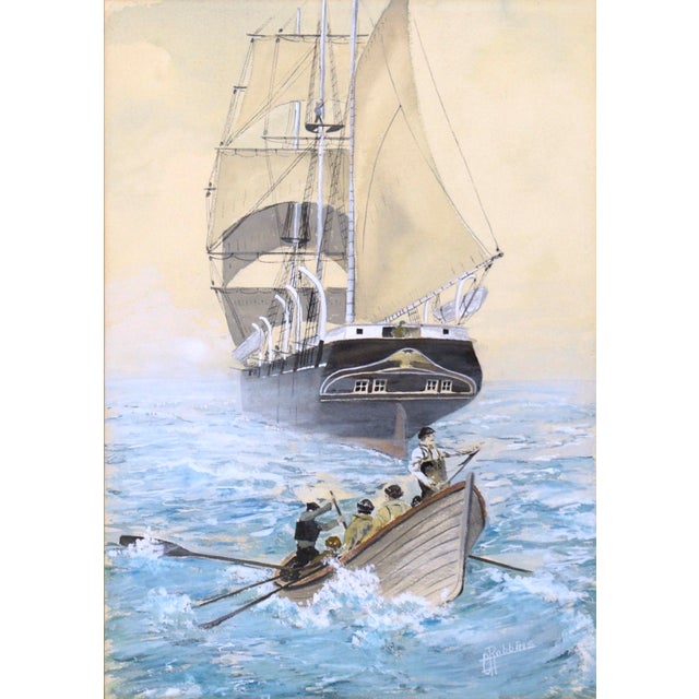 Noble nautical scene of a small rowboat coming to shore from a larger sailing vessel by George A. Robbins (American,...