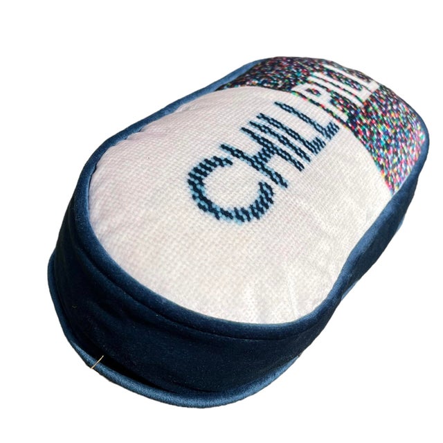 Contemporary Original "Chill Pill" Sculpted Blue Velvet Pillow, Custom Made Original Design For Sale - Image 3 of 6