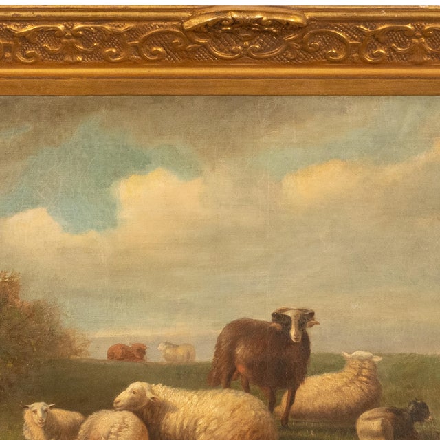19thC Belgian Realist Pastoral Oil Canvas Landscape Painting Ram Sheep & Goat Laurent De Beul 1870 For Sale - Image 9 of 14