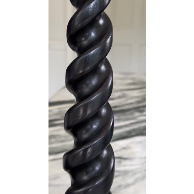 Brown Vintage Carved Jacobean Barley Twist Large Scale Candle Holders - A Pair For Sale - Image 8 of 17