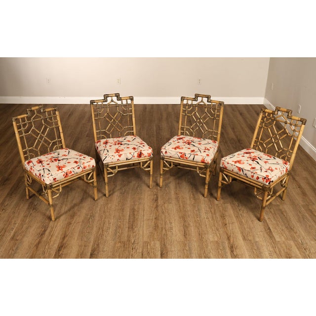 Chinoiserie Chinese Chippendale Style Set Of Four Rattan Bamboo Dining Chairs For Sale - Image 3 of 18