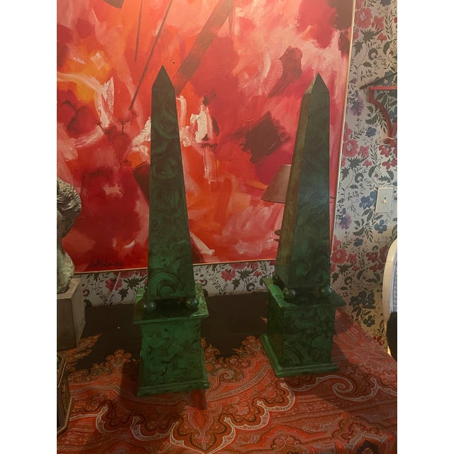 2020s Contemporary Malachite Green Faux Finished Tall Wooden Obelisk For Sale - Image 5 of 8