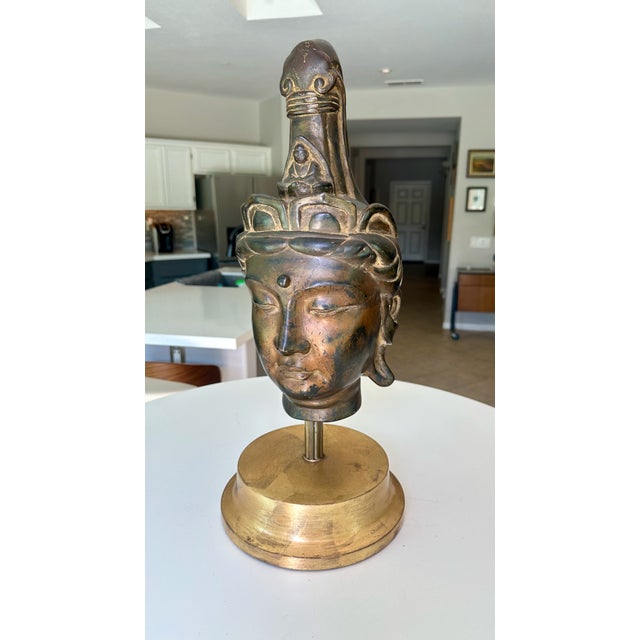 1950s Vintage Gilt Bronze Bust Giltwood Stand Buddhist Deity Kannon Bosatsu For Sale - Image 5 of 17