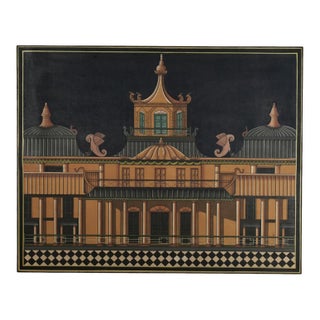 Vintage Modernist Architectural Painting With Pagoda For Sale