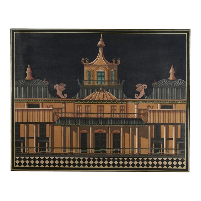 Vintage Modernist Architectural Painting With Pagoda For Sale