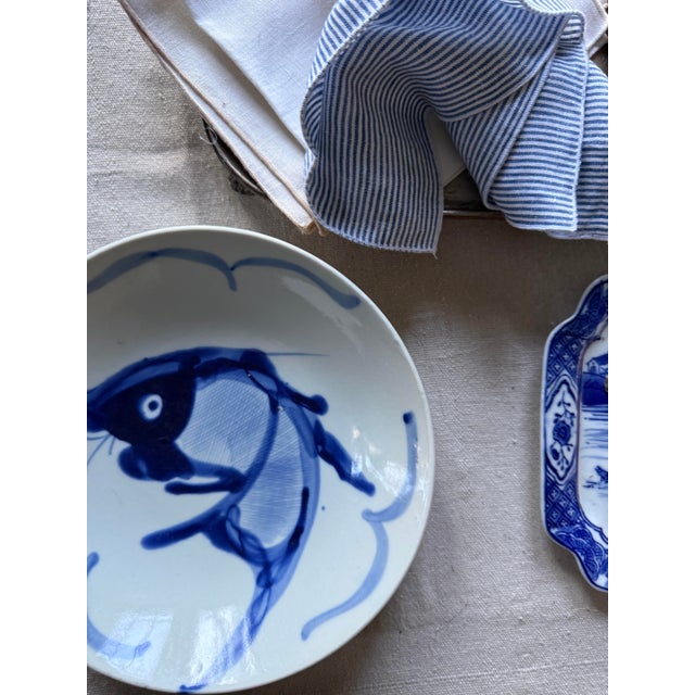 Ceramic Vintage Hand-Painted Chinese Koi Fish Serving Bowl | Navy Blue and White Porcelain | 9 Inch Decorative Dish For Sale - Image 7 of 12