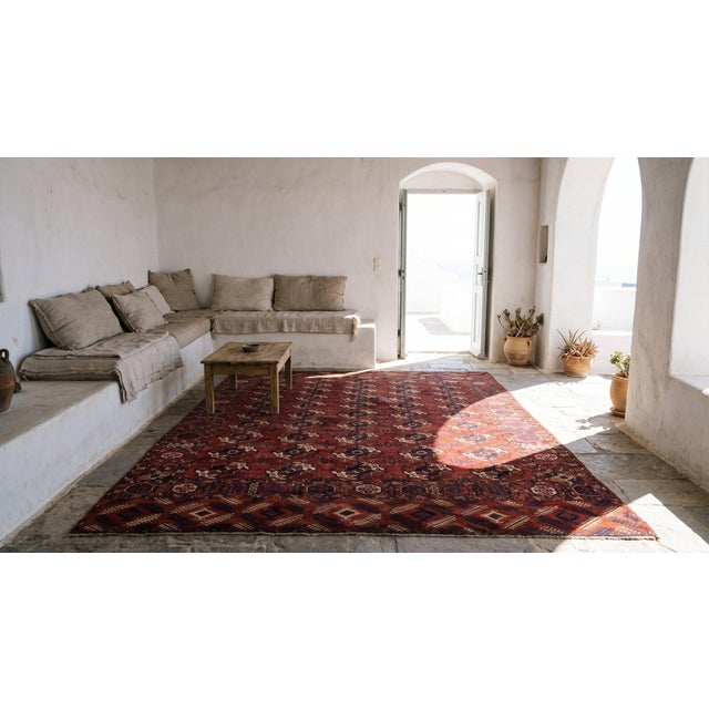 1870s Red Tribal Geometric Antique Russian Tekke Turkmen Carpet 7' X 10'6" Knotted Wool Rug For Sale - Image 13 of 15