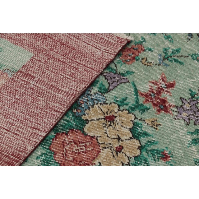 Green Vintage Distressed Rug, Soft Sage and Red Floral Allover Pattern - Rug & Kilim For Sale - Image 8 of 8