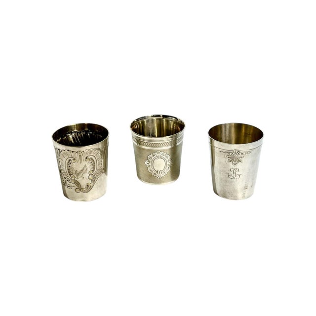 Art Deco Set of 3 French Art Deco Silverplate Cups | Engraved Goblets or Match Holders For Sale - Image 3 of 13