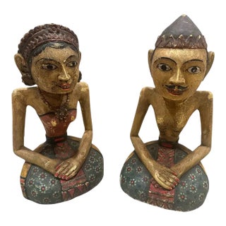 Large Vintage Indonesian Javanese Loro Blonyo Hand-Carved Polychrome Wood Bride & Groom Figures – Pair For Sale