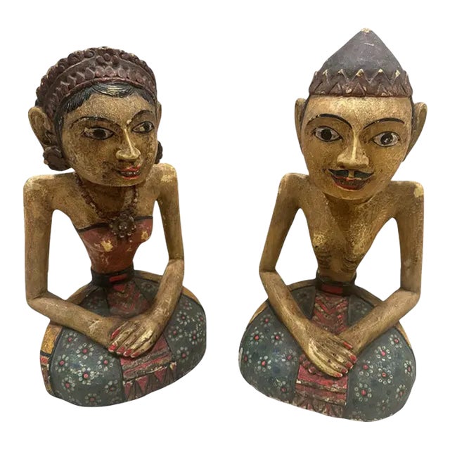 Large Vintage Indonesian Javanese Loro Blonyo Hand-Carved Polychrome Wood Bride & Groom Figures – Pair For Sale