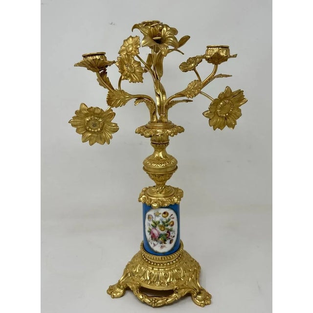 French Antique Pair French Ormolu Gilt Bronze Sevres Porcelain Candelabras Candlesticks For Sale - Image 3 of 11