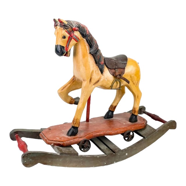 Vintage Hand Painted Carved Rocking Horse For Sale