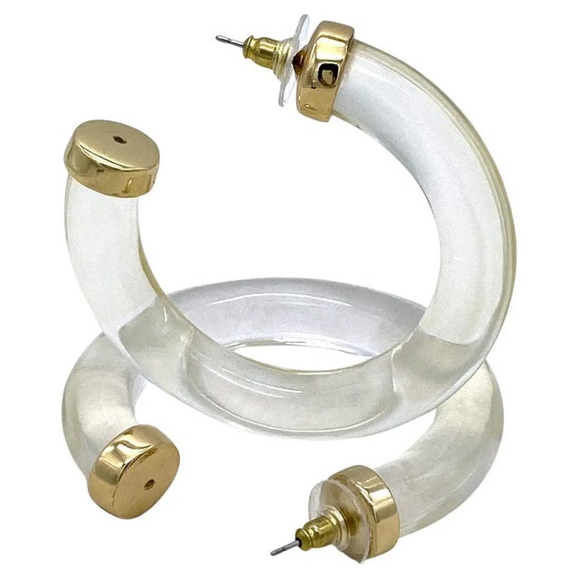 Modern KJL 2.5" Clear Lucite Hoop Earrings With Gold Plate Caps For Sale - Image 3 of 4