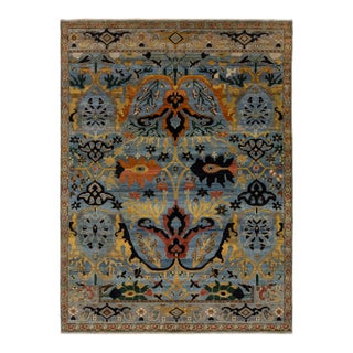 Modern Blue and Gold Bidjar Style Hand-Knotted Wool Rug With Palmette Motifs For Sale