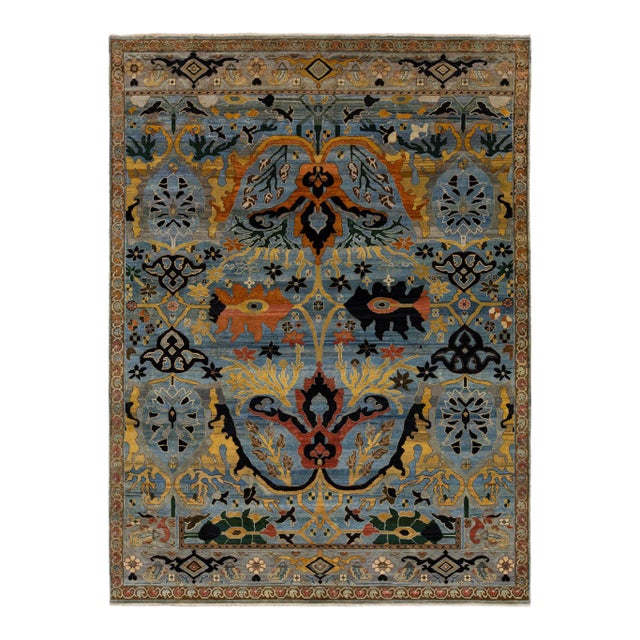 Modern Blue and Gold Bidjar Style Hand-Knotted Wool Rug With Palmette Motifs For Sale