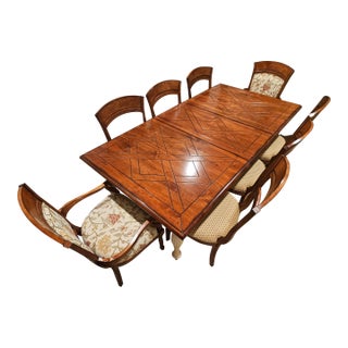 Traditional Solid Wood Dining Table With Geometric Inlay Top and Carved Trestle Legs For Sale