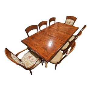 Traditional Solid Wood Dining Table With Geometric Inlay Top and Carved Trestle Legs