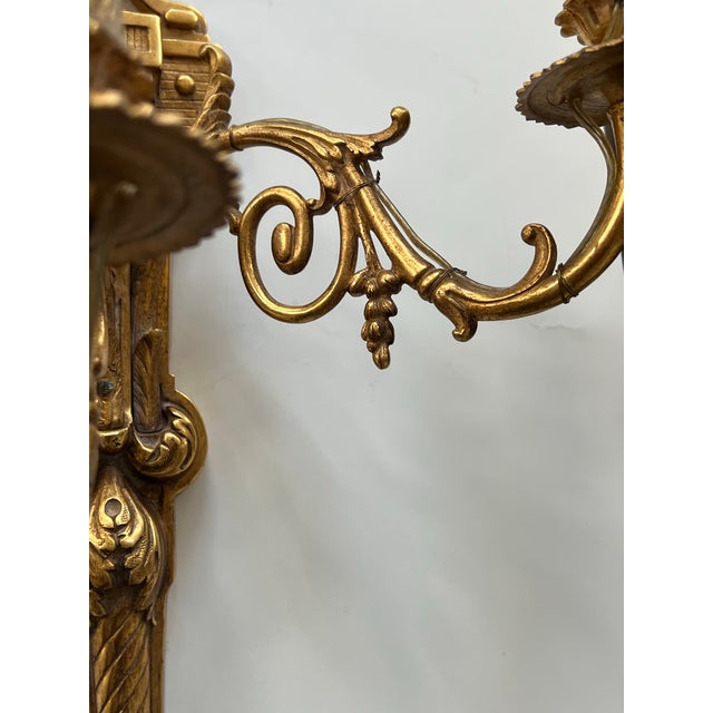 Antique Large 3 Light French Gold Gilt Bronze Pair Wall Sconces Figural Heads With Horn For Sale - Image 11 of 12