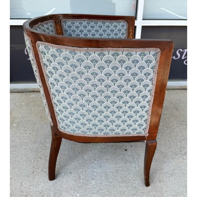 Early 20th Century Inlaid Barrel Back Chair With Scalloped Blue Upholstery For Sale In Raleigh - Image 6 of 14