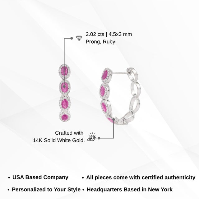 Contemporary 14k Gold Natural 2.02ct Ruby & Diamond Halo Hoop Earrings- 2 Pieces For Sale - Image 14 of 18