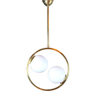 Maison Arlus, Brass and White Opaline Globes Circular Chandelier, Mid-Century France For Sale