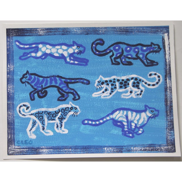 Contemporary TIgers Leopards Green White Minimalism Expressionism Folk Art Original Painting by Cleo Plowden For Sale - Image 3 of 3