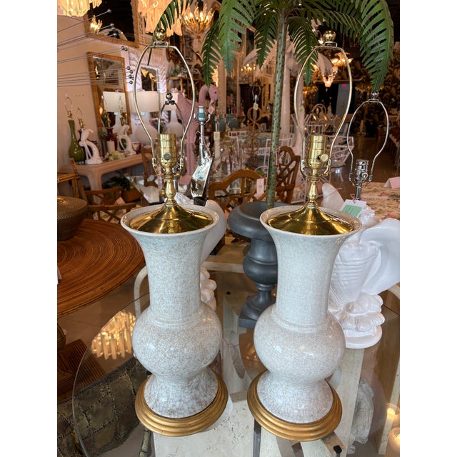 Chinoiserie Vintage Palm Beach Crackle Glaze Porcelain & Brass Table Lamps Newly Wired - a Pair For Sale - Image 3 of 12