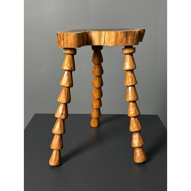 Mid-Century Brutalist French Artisanal Handmade Wood Turned Tripod Stool, 1960s For Sale - Image 15 of 17