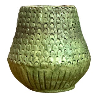 Vintage Green Textured Ceramic Vase For Sale