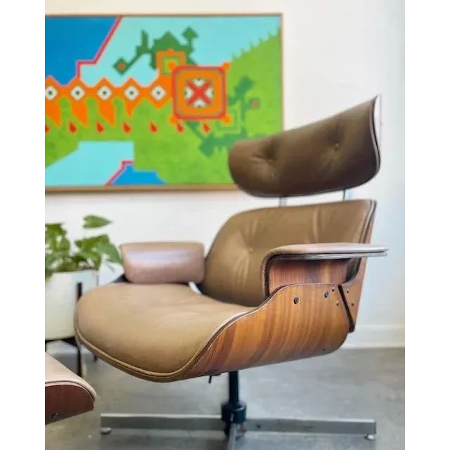1960s Vintage Leather Plycraft Lounger & Ottoman For Sale - Image 5 of 10