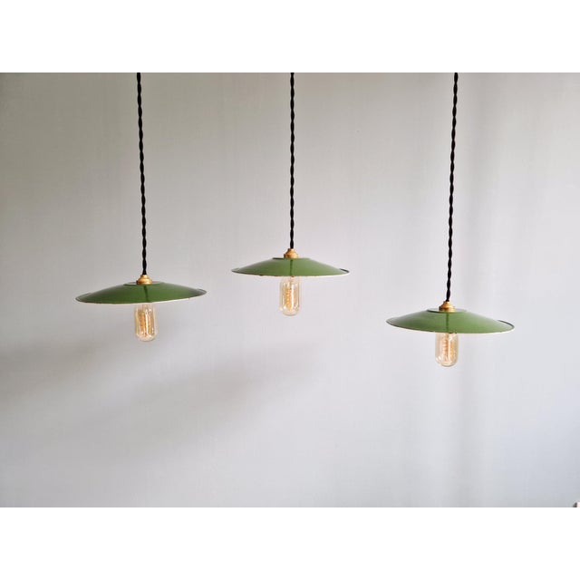 Industrial Pendant Lights in Green Enameled Sheet Metal, 1940s, Set of 3 For Sale - Image 16 of 16