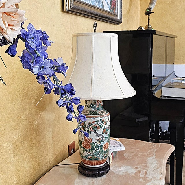 Dark Green Vintage Chinese Famille Verte Style Porcelain Table Lamp With Hand Painted Birds & Peonies For Sale - Image 8 of 18