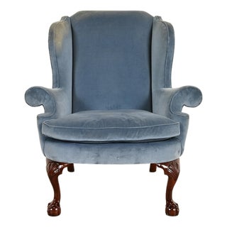 Kindel Furniture Chippendale Carved Mahogany Blue Velvet Upholstered Wingback Lounge Chair For Sale