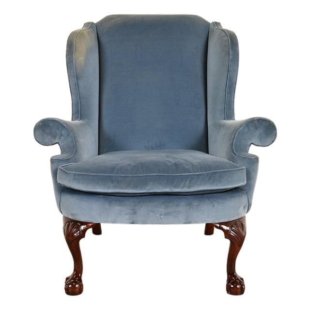 Kindel Furniture Chippendale Carved Mahogany Blue Velvet Upholstered Wingback Lounge Chair For Sale