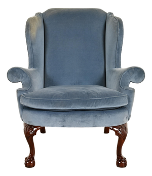 Kindel Furniture Chippendale Carved Mahogany Blue Velvet Upholstered Wingback Lounge Chair