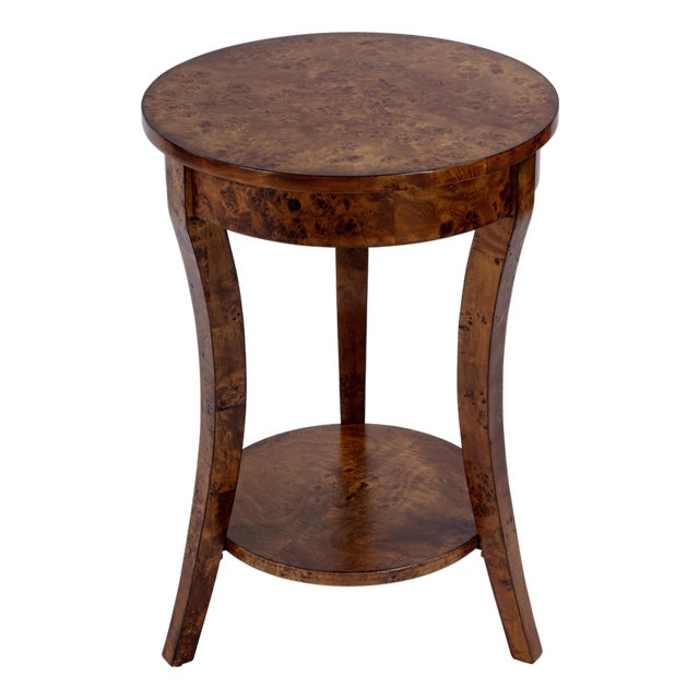Holdin 18 in. W Round Wood Side Table with Lower Open Shelf, Traditional Burl For Sale
