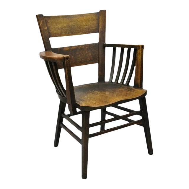Early 20th Century Antique Arts & Crafts Mission Oak Bowed Spindle Plank Seat School Arm Chair For Sale