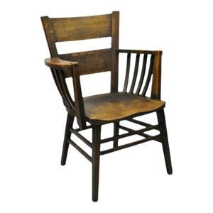 Early 20th Century Antique Arts & Crafts Mission Oak Bowed Spindle Plank Seat School Arm Chair