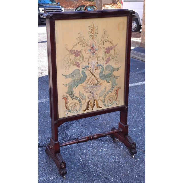 Victorian 19th Century Victorian Carved Walnut and Embroidered Silk Rolling Fireplace Screen For Sale - Image 3 of 13
