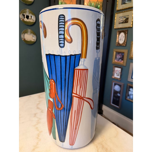 Hand Painted Postmodern 80s Ceramic Umbrella Holder Fornasetti Style Graphic Art For Sale - Image 4 of 8