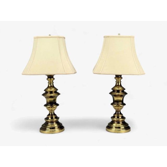 Hollywood Regency Style, Brass, Fabric, Table Lamps, USA, 1970s Pair of traditional urn shaped brass table lamps likely...