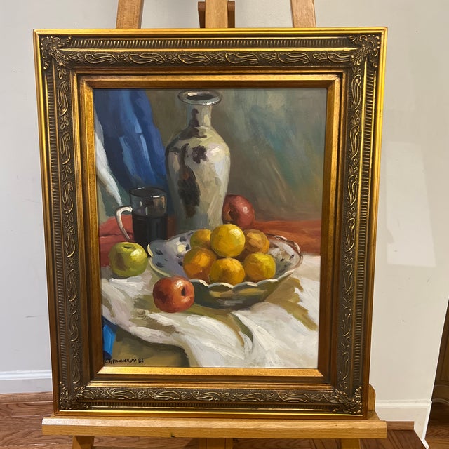 20 th Centuru impressionist style tabletop still life Vase and fruits oil on canvas board framed signed