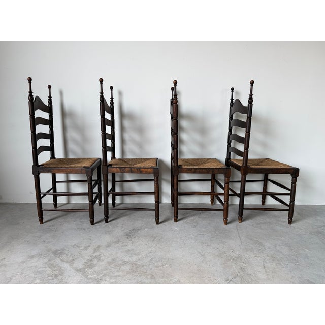 Brown Vintage French Country Style Oak Ladder Back Rush Seat Dining Chairs – Set of 4 For Sale - Image 8 of 18