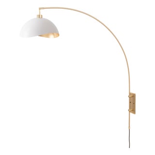Luna Bella Wall Arc Lamp - Weathered Brass, White/Gold Shade, Dimmable For Sale