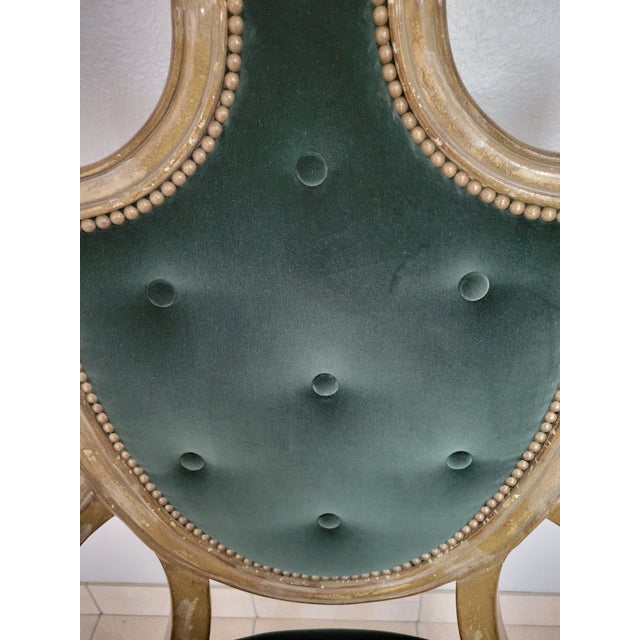 Beautiful Hunter Green Velvet Chair, with a Tufted Backrest and Beautiful Ornate Legs. The Light Golden Brown Wood, was...